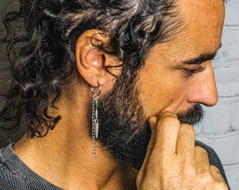 Long Chain Spike Hoop Earring For Men- Mens Edgy Beaded Dangle Earring- African Turquoise Jasper Gemstone Bead Earring- Unisex Earring