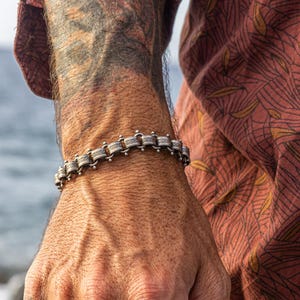 Antique Silver Plated Mens Steampunk Chain Link Bracelet- Vintage Art Deco Silver Chain Bracelet- Chunky Geometric Beaded Chain Bracelet