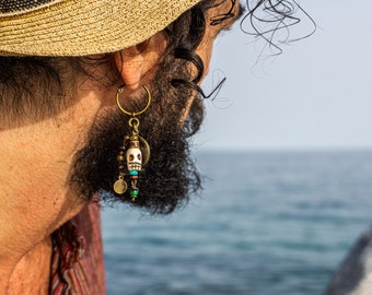 Boucle d'oreille tête de mort pirate pour homme - pièce ancienne et pendentif tête de mort pendante boucle d'oreille amulette - boucle d'oreille squelette en perles de pierres précieuses pour homme -