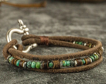 Mens Gemstone Bead And Leather Bracelet Set- Leather Beaded Stacking Bracelet For Men- Boho Statement Elegant Bracelet- Good Luck Bracelet