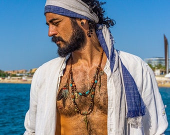 Conjunto de collar bohemio artesanal de varias capas - Collar de cuentas de madera y piedras preciosas para hombre - Collar tribal con colgante y amuleto