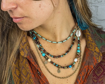 Boho gelaagde verklaring charme ketting set voor vrouwen- multistrand edelsteen turquoise ketting ketting- unieke houten kralen gelaagde ketting ketting