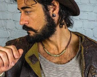 Heishi Bead Grounding Necklace For Men- Mens Minimalist Gemstone Necklace- Boho Leather Short Beaded Necklace- Choker Necklace