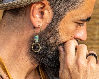 Mens Blue Ceramic Bead Dangle Earring- Antique Bronze Hoop Pirate Earring- Porcelain Beaded Earrings Vintage Hammered Circle Charm Earring