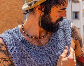 Herren Surfer Choker Halskette - Holzperle Kurze Hippie Strand Halskette - Bunte Tribal Perlen Choker - Muschel Edelstein Halskette für Männer