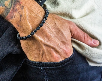 Mens Lava Stone Beaded Bracelet- Protection Gemstone Bead Necklace For Men- Black Gemstone And Stainless Steel Waterproof Bracelet Set
