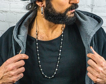Long Silver Nuggets Bead Necklace For Men- Silver And Black Lava Stone Beaded Necklace- Mens Handmade Minimalist Adjustable Modern Necklace