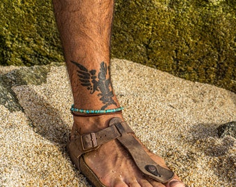 Tobillera envolvente turquesa con cuentas de piedras preciosas para hombre- Tobillera de cuero boho con cuentas para hombres y mujeres- Conjunto de tobilleras hippie surfer beach de colores delicados