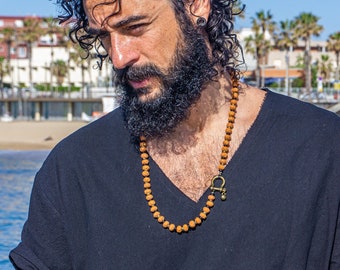Collar largo de cuentas de Rudraksha para hombre - Collar bohemio de meditación para hombre - Collar de energía budista - Collar grueso con cuentas y mantra