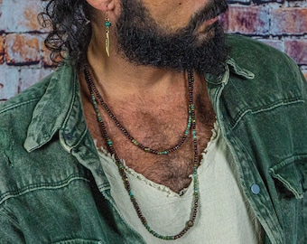 Collier de perles de pierres précieuses en bois à longue couche pour hommes - Collier de déclaration en bois Boho de tous les jours - Collier en couches de perles turquoise vert