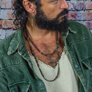 Long Layering Wood Gemstone Bead Necklace For Men- Everyday Mens Boho Wooden Statement Necklace- Green Turquoise Beaded Layered Necklace Set