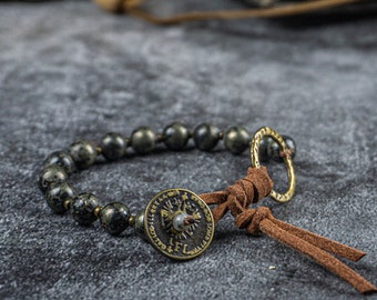 Unique Designer Gemstone Bead Leather Bracelet Men- Mens Pyrite Stone Boho Charm Bracelet-  Energy Crystal Beaded Bracelet- Coin Bracelet