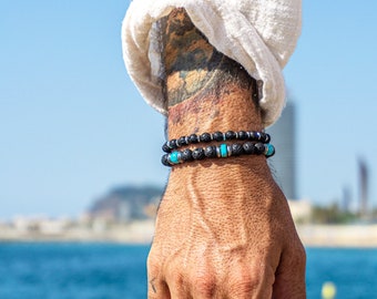 Mens Lava Stone Statement Bracelet- Black And Turquoise Beaded Bracelet Set- Stacking Stainless Steel Strength Gemstone Bracelet For Men