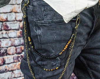 Beaded Mens Wallet Chain: Black Onyx, Tiger Eye Gemstone, Bronze