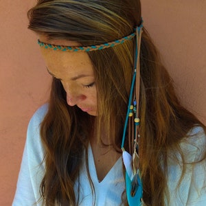 Blue and Beige feather headband, Hippie headband, Braided Leather hairband, Flower girl headband