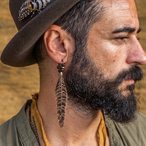 Mens Bohemian Brown Feather Earring- Single Long Dangle Earring For Men- Antique Bronze Hoop Pirate Earring- Wooden Beaded Boho Earring