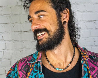 Ocean Turquoise And Black Onyx Beaded Choker Necklace For Men- Mens Gemstone Bead Choker Collar- Boho Multi Stone Necklace- Surfer Choker