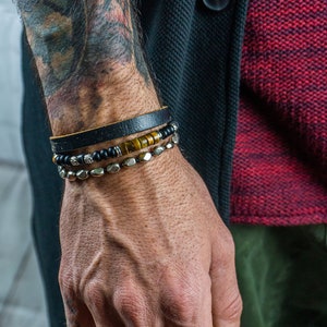 Droomarmbandenset voor heren - zwarte onyx tijgeroog edelsteen zilveren kralen en leren armband set van 3-chakra aarding coole herenarmband