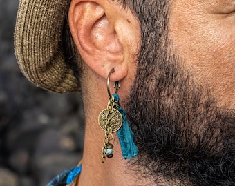 Mens Blue Fabric Tassel Bohemian Vintage Earring- Designer Inspired Multi Charm Dangle Earring For Men- Ancient Coin Pirate Beaded Earring