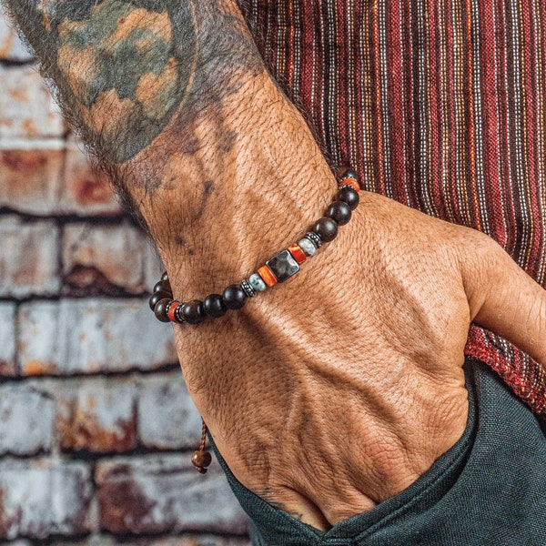 Hochwertiges Ebenholz und Edelstein Perlen Armband für Männer- Herren Boho Perlen Armband- Edelstahl Einzigartige verstellbare Mala Armband