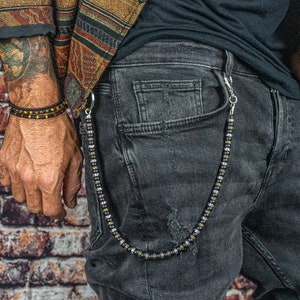 Y2k Keychain For Men- Punk Grunge Pants Chain- Black Beaded Pocket Chain- Handmade Silver And Bronze Key Chain- Everyday Use Accessory
