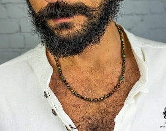 Mens Sierlijke Elke Dag Boho Edelsteen Ketting- Tijger oog steen en groene Jaspis Geluk ketting- Korte Verstelbare Kralen Ketting voor Mannen