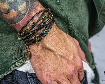 Conjunto de pulsera de cuentas de cuero para hombres- Pulsera de apilamiento de piedras preciosas y cadenas de cuero para hombres- Pulsera de encanto de piedras preciosas de declaración Boho para hombres