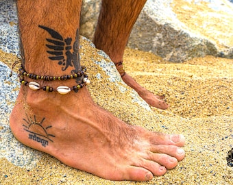 Boho Surf Cowrie Shell Mens Anklet Bracelet - Layered Matching Beach Anklet Set - Unisex Beaded Anklet - Hippie Pirate Summer Anklet For Men