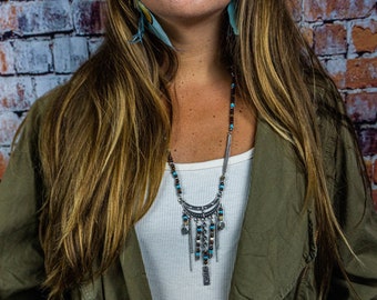 Collana unica asimmetrica di perline di charm- Boho Wood Gemstone Turquoise Beadline Chain Necklace- Womens Long Boho Statement Collana estetica