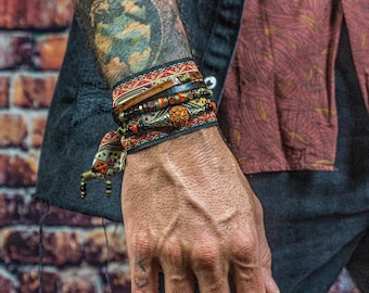 Mens Gypsy Edelsteen Kraal Stapelen Armband Set-Zwart Onyx Hout Kralen Lederen Wrap Boho Armband Voor Mannen- Brede Stof Manchet Designer Armband
