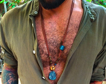 Tribal Leather Necklace For Men- Blue Handmade Pendant Necklace- Maori Style Necklace - Unisex Long Surfer Necklac- Mens Boho Necklace