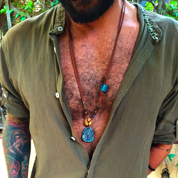 Tribal Leather Necklace For Men- Blue Handmade Pendant Necklace- Maori Style Necklace - Unisex Long Surfer Necklac- Mens Boho Necklace