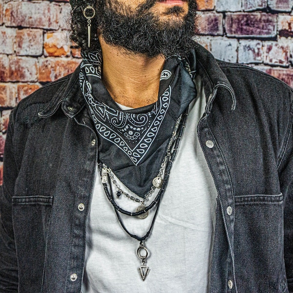 Mens Unique Bandana Layering Beaded Chain Necklace Set - Boho Gypsy Scarf Statement Necklace - Pirate Punk Rock Leather Pendant Necklace