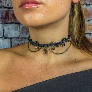 Women Unique Macrame Woven Boho Choker Necklace- Black Adjustable Goth Chain Necklace- Beaded Charm Gemstone Hippie Choker Necklace