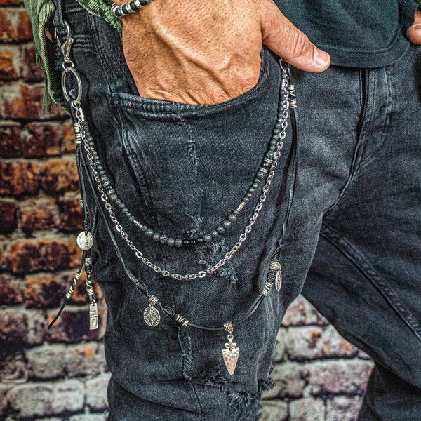 Lava Stone Onyx Stainless Steel Key Chain For Pants- Mens Black Gemstone Beaded Pocket Belt Chain- Punk Biker Wallet Chain- Jeans Keychain