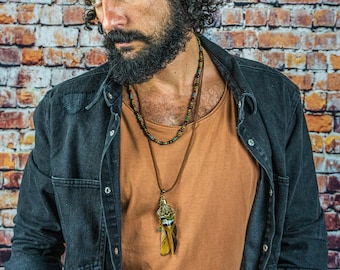 Heren boho gelaagdheid veer hanger ketting set-hout en jade edelsteen kraal minimale sierlijke ketting voor mannen-lederen kralen yoga ketting
