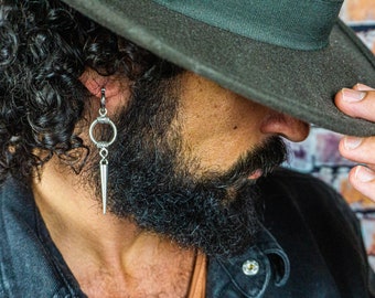 Mens Long Silver Spike Dangle Earring- Hoop Circle Geometric Edgy Punk Earring For Men- Unique Boho Goth Statement Minimalist Drop Earring