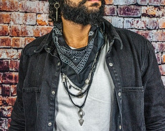 Mens Unique Bandana Layering Beaded Chain Necklace Set - Boho Gypsy Scarf Statement Necklace - Pirate Punk Rock Leather Pendant Necklace