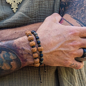 Mens Black Golden Obsidian And Rudraksha Bracelet Set- Tibetan Yoga Beaded Matching Bracelet Set For Men- Chunky Mala Stacking Bracelet