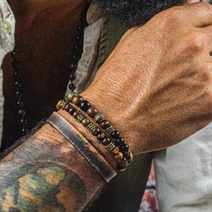 Ensemble de bracelets de perles assortis parfaits pour homme - Perles en bois, Bracelet porte-bonheur avec pierres précieuses - Bracelet empilable en cuir oeil de tigre, onyx noir pour homme