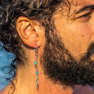 Heren lange dubbele ketting bengelen zilveren veren oorbel-cool hangende edelsteen druppelketting oorbel-Kpop oorbel-piraat zigeuner hoepel