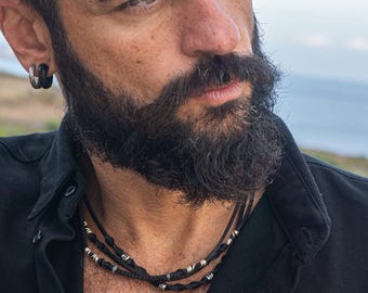 Conjunto de collar de cuero negro para hombre - Gargantilla de cuero para hombre - Collar apilable estilo boho punk - Collar masculino de estrella de rock