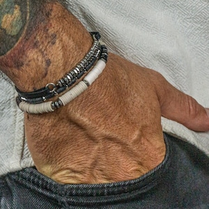 Vinyl Heishi Bead Bracelet For Men- Mens Trendy Bracelet- White and Black Rubber Disc Bracelet- Stretchy Stackable Beaded Bracelet