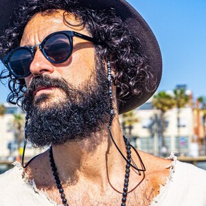 Black Onyx Gemstone Beaded Glasses Chain- Mens Leather Beaded Glasses Strap- Waterproof Sunglasses Chain- Boho Stylish Eyeglasses Holder