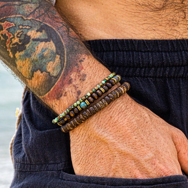 Mens Cool Matching Bracelet Set- Coconut Wood Turquoise Gemstone Beaded Bracelet- Custom Unisex Layered Tribal Bracelet Set- Rustic Bead