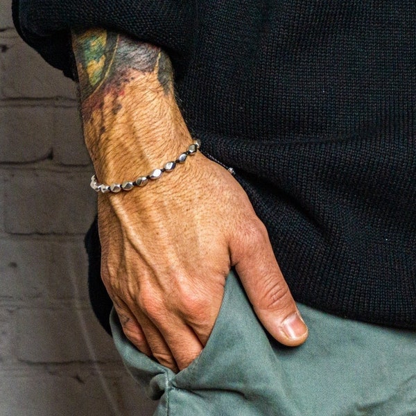 Antique Silver Nugget Bead Bracelet For Men- Cool Minimalist Designer Mens Bracelet- Luxury Silver Stone Everyday Bracelet- Beaded Bracelet