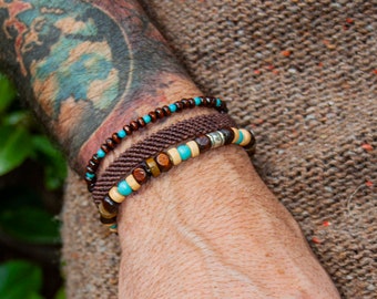 Handmade Macrame And Wooden Bead Stacking Bracelet Set- Mens Handwoven Adjustable Bracelet- Matching