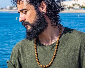Mens Long Rudraksha Beads Necklace- Boho Meditation Necklace For Men- Buddhist Energy Necklace- Chunky Beaded Mantra Necklace