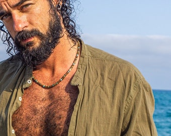 Boho Ethno Halskette für Männer- Herren Holzperle und Edelstein Halskette- Kokosnuss Muschel Afrika Türkis und Tigerauge Surfer Halskette