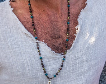 Modern Pirate Skull Pendant Necklace For Men- Coconut Wood Tibetan Agate Gemstone Unique Design Necklace- Mens Beaded Adjustable Necklace